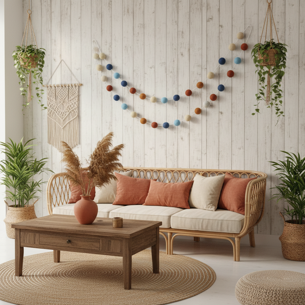 Guirlande de pompons feutrés terracotta bleu dans un salon bohème