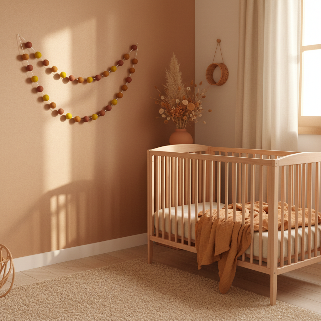 Guirlande de pompons feutrés terracotta ocre suspendue dans une chambre bébé