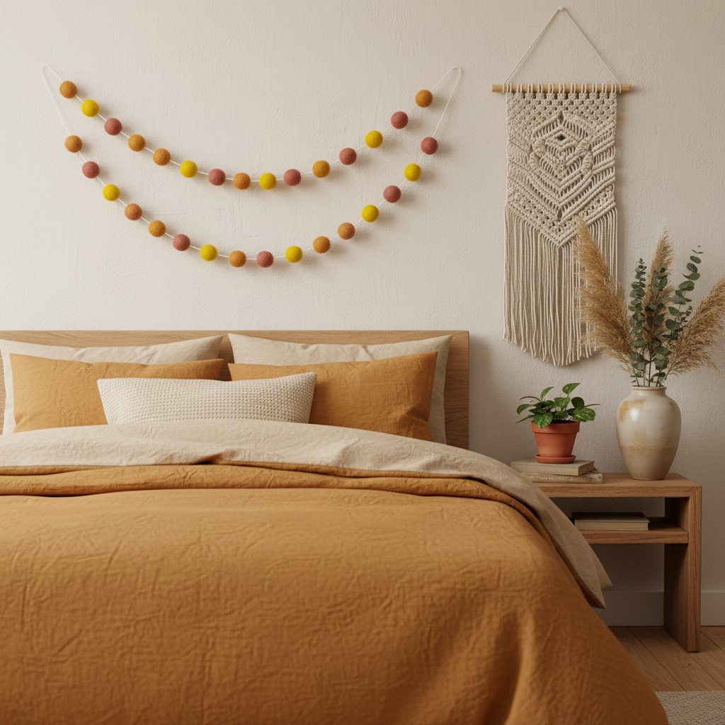 Guirlande de pompons feutrés terracotta ocre suspendue dans une chambre bohème