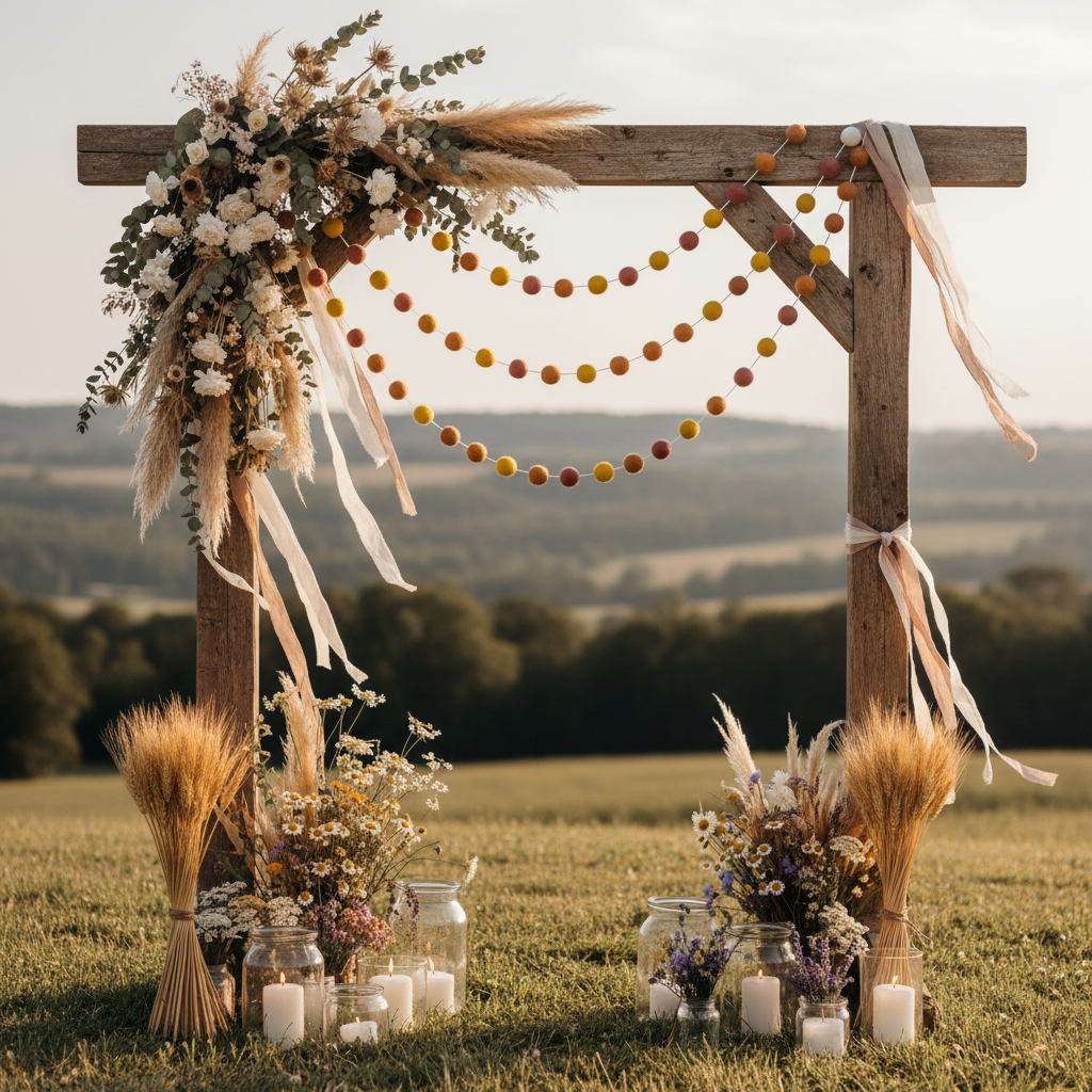 Guirlande de pompons feutrés terracotta ocre suspendue sur une arche de mariage