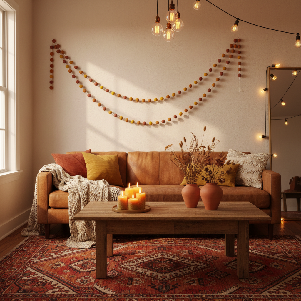 Guirlande de pompons feutrés terracotta ocre suspendue dans un salon chaleureux