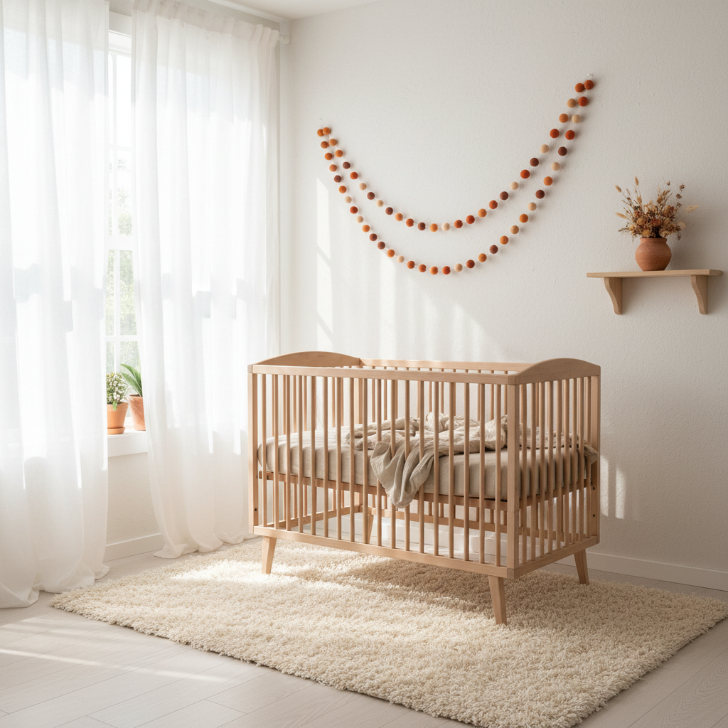 Guirlande de pompons feutrés terracotta orange suspendue dans une chambre bébé
