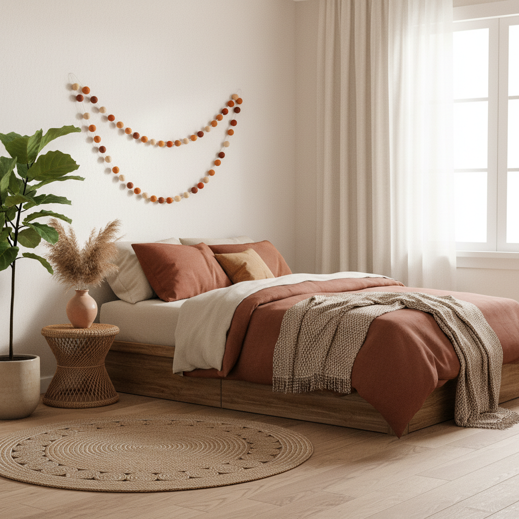 Guirlande de pompons feutrés terracotta orange suspendue sur le mur d'une chambre