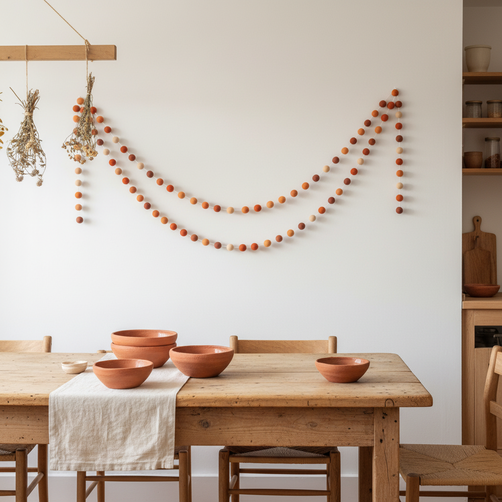 Guirlande de pompons feutrés terracotta orange suspendue sur le mur d'une cuisine