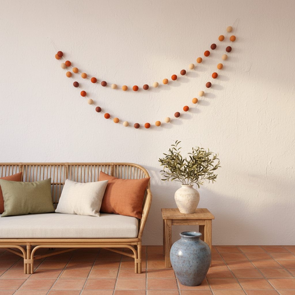Guirlande de pompons feutrés terracotta orange suspendue dans un salon méditerrannéen