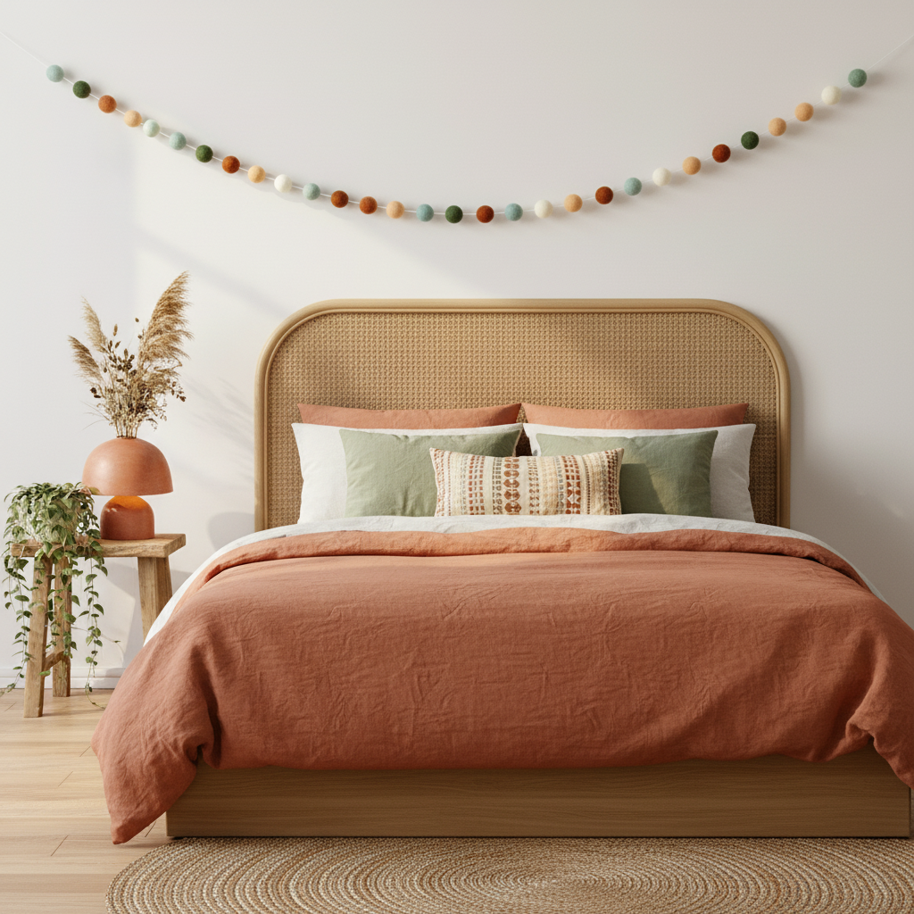 Guirlande de pompons feutrés terracotta sauge dans une chambre