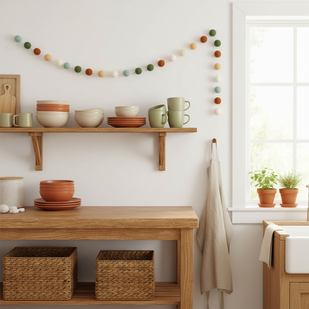 Guirlande de pompons feutrés terracotta sauge dans une cuisine