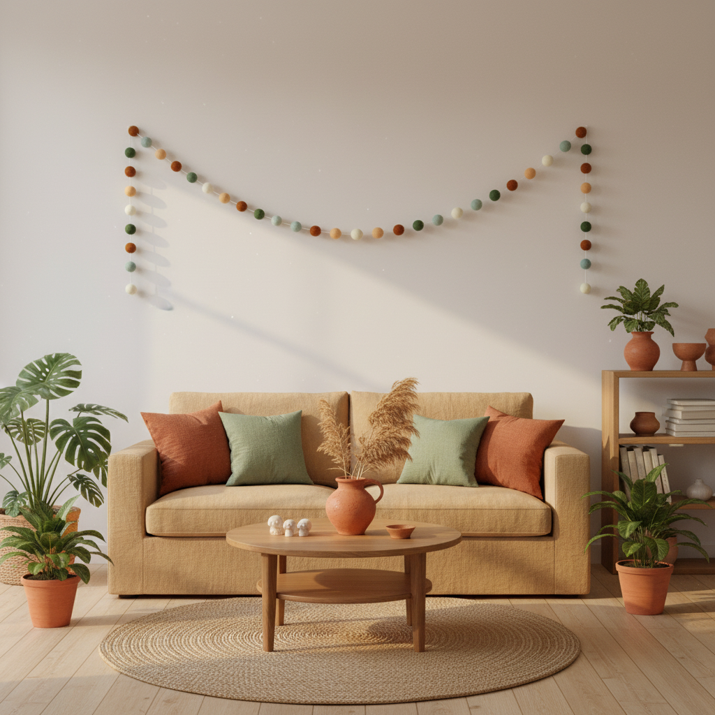 Guirlande de pompons feutrés terracotta sauge dans un salon bohème