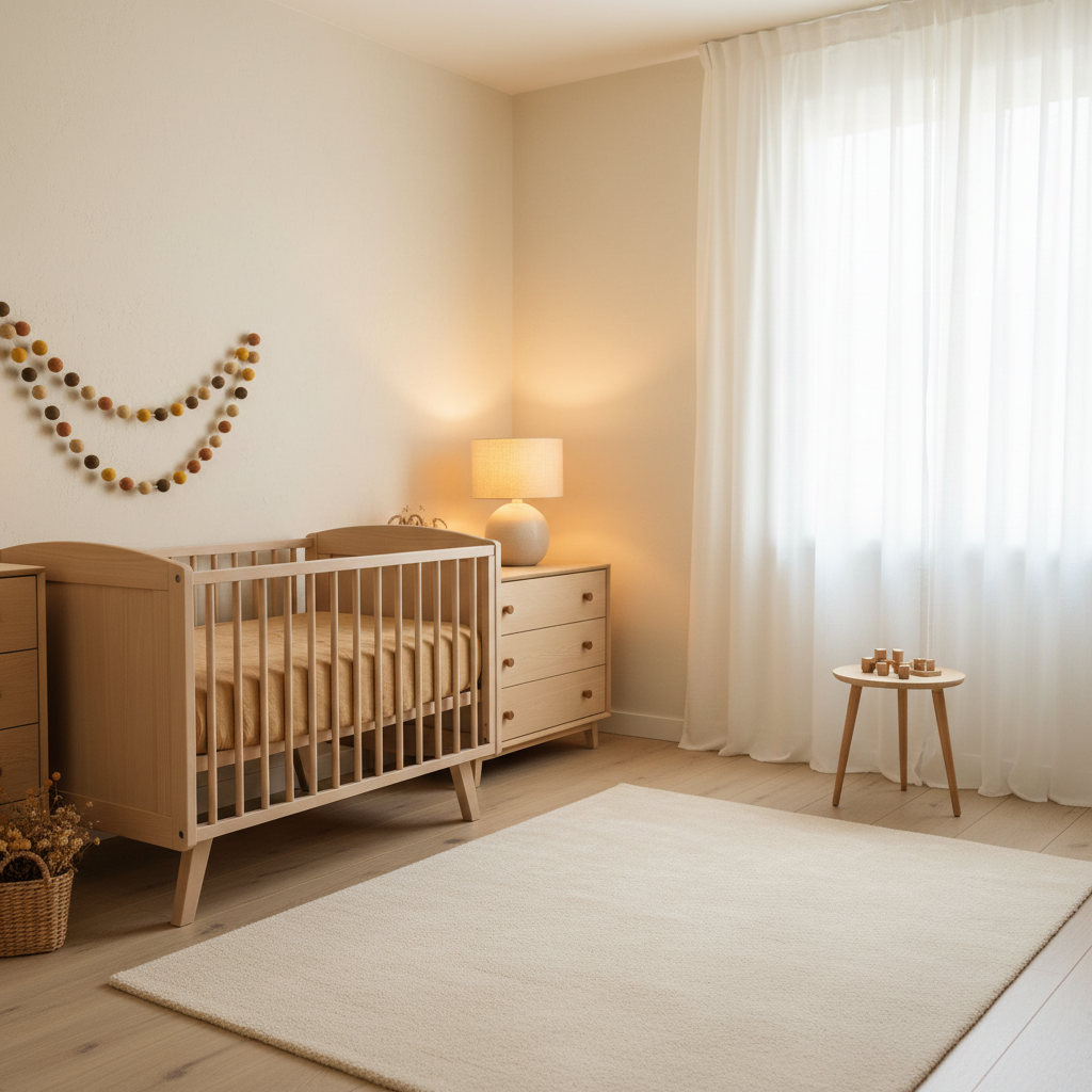 Guirlande de pompons feutrés terre ocre suspendue dans chambre bébé mixte
