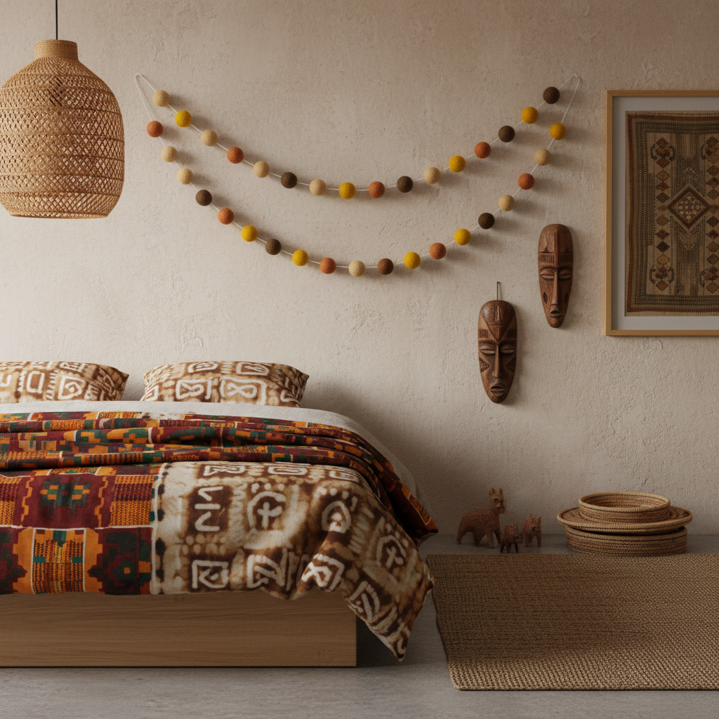 Guirlande de pompons feutrés suspendue dans une chambre aux inspirations africaines
