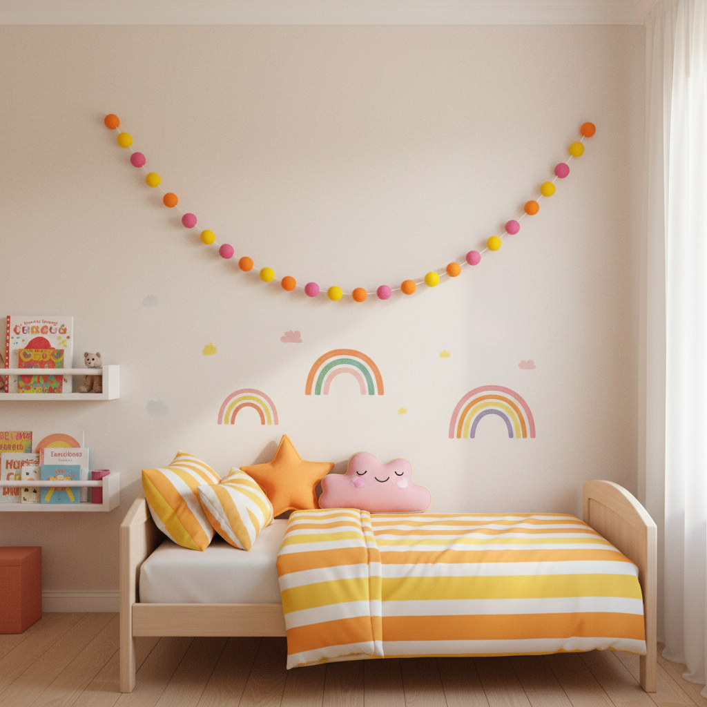 Guirlande de pompons feutrés tutti frutti suspendue dans une chambre d'enfant