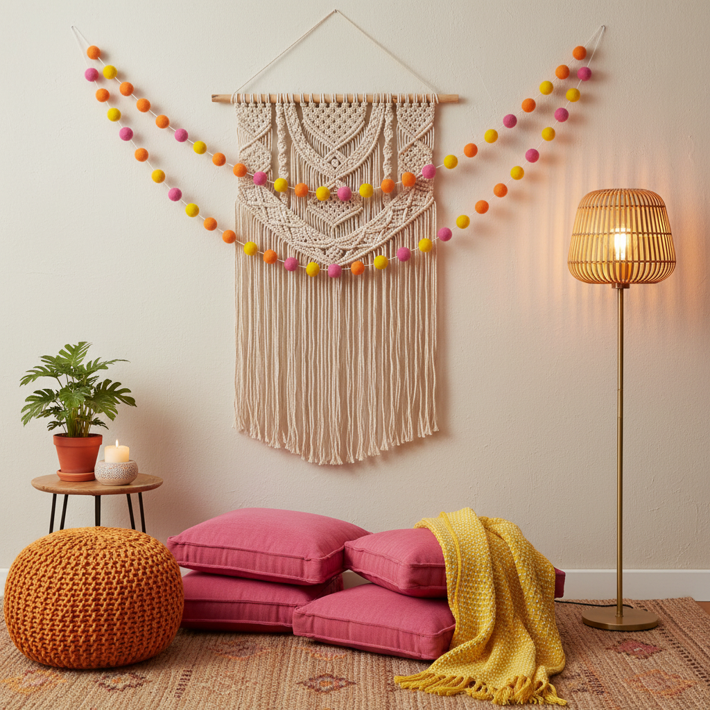 Guirlande de pompons feutrés tutti frutti suspendue sur un mur dans un coin détente bohème