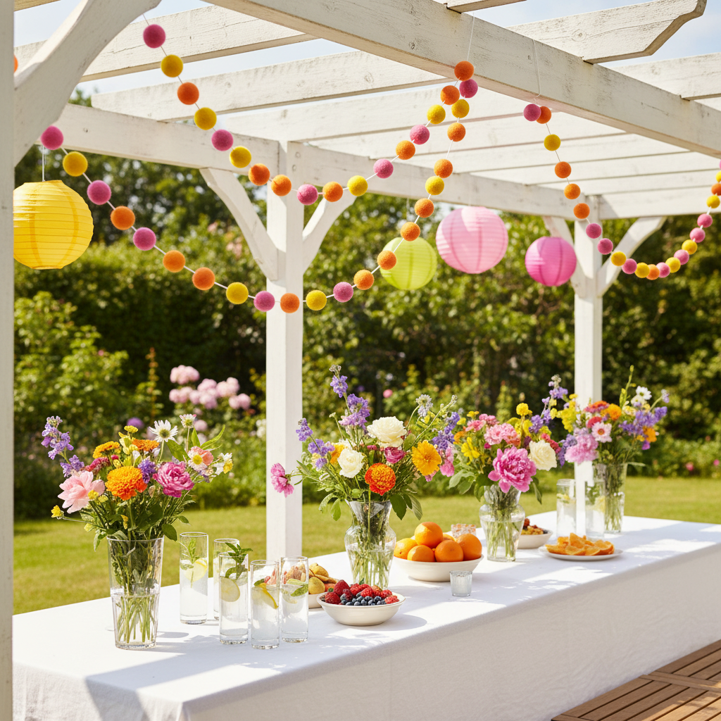 Guirlande de pompons feutrés tutti frutti suspendue dans une garden party