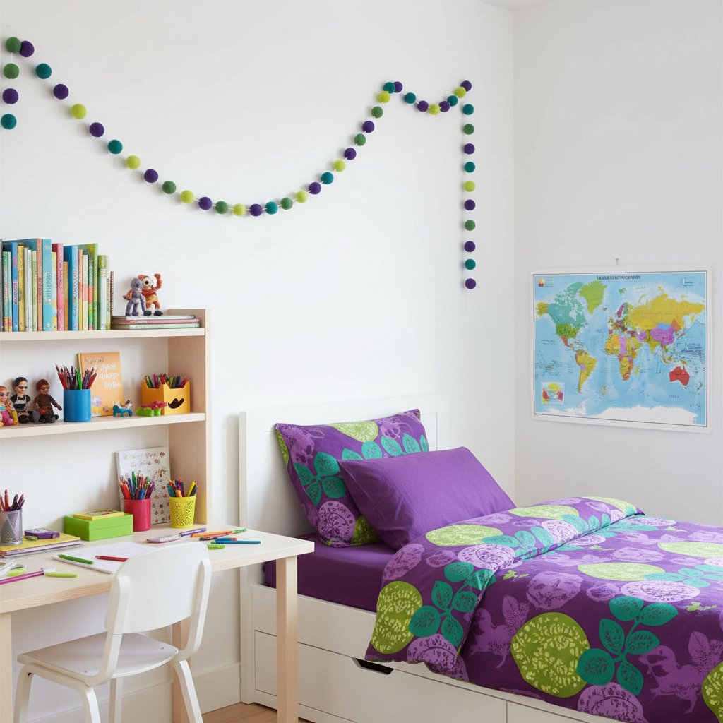 Guirlande de pompons feutrés vert violet suspendue sur un mur de chambre d'enfant