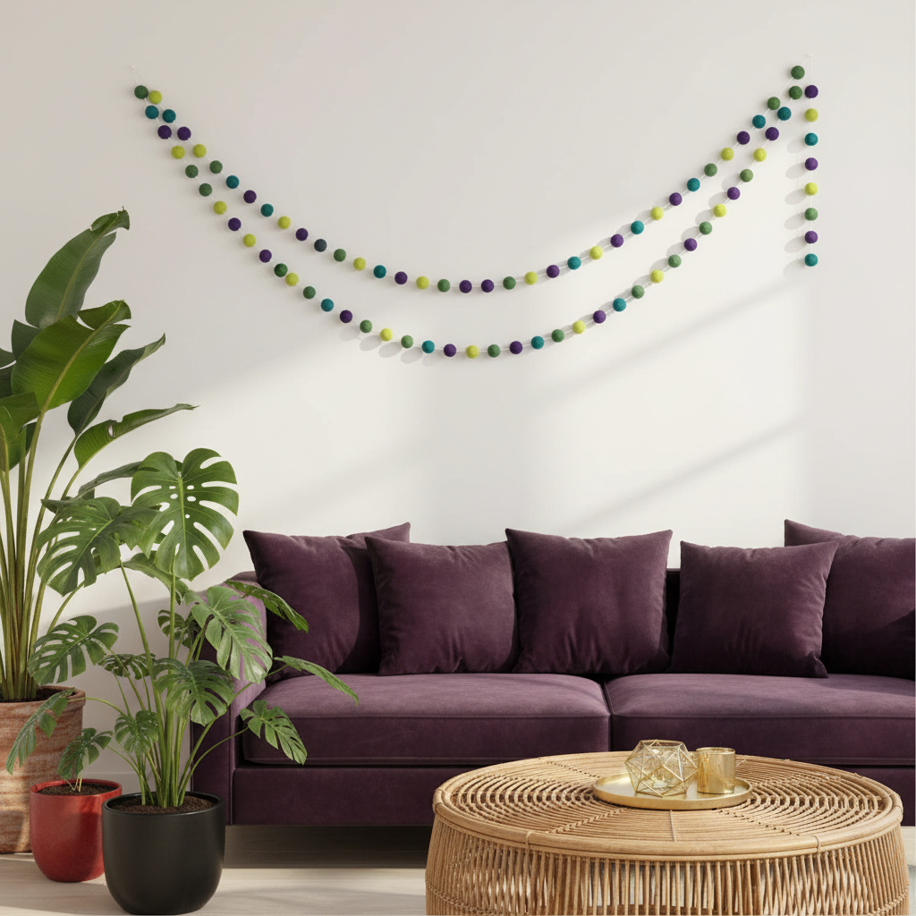 Guirlande de pompons feutrés vert violet dans un salon botanique