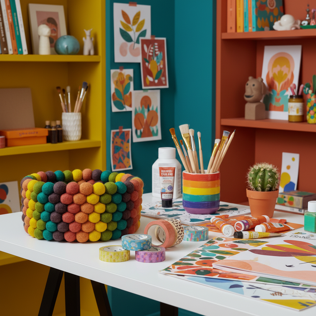 Panier feutre automne posé sur un bureau – décoration bohème colorée – CELAINEDECO
