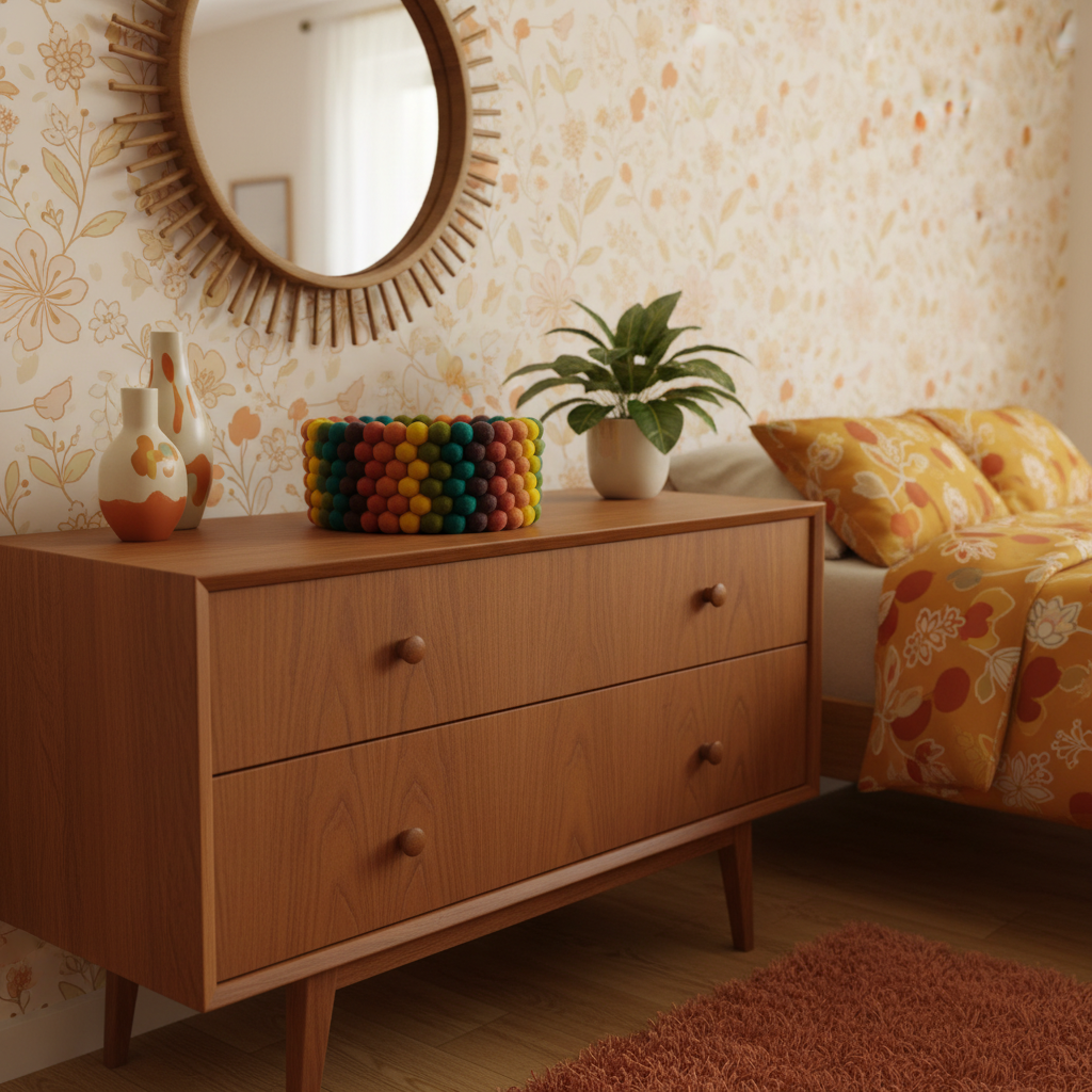 Panier feutre automne dans une chambre cocooning vintage – décoration nature et hygge – CELAINEDECO