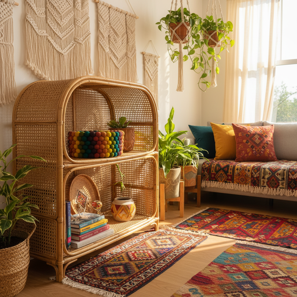 Corbeille en feutre Automne Lumineux dans un salon bohème – rangement décoratif laine mérinos