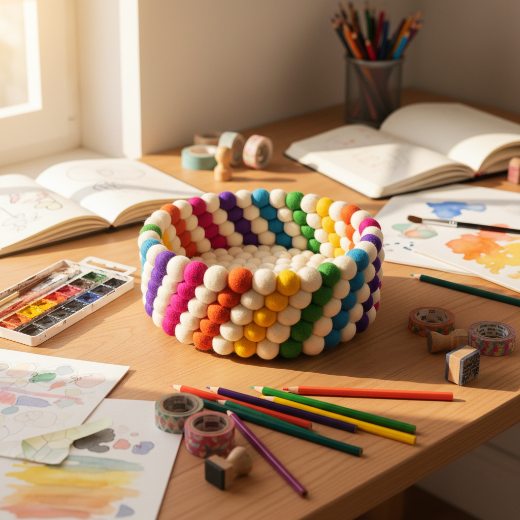 Panier en feutre Arc-en-ciel Vif sur un bureau créatif avec crayons et carnets - CELAINEDECO
