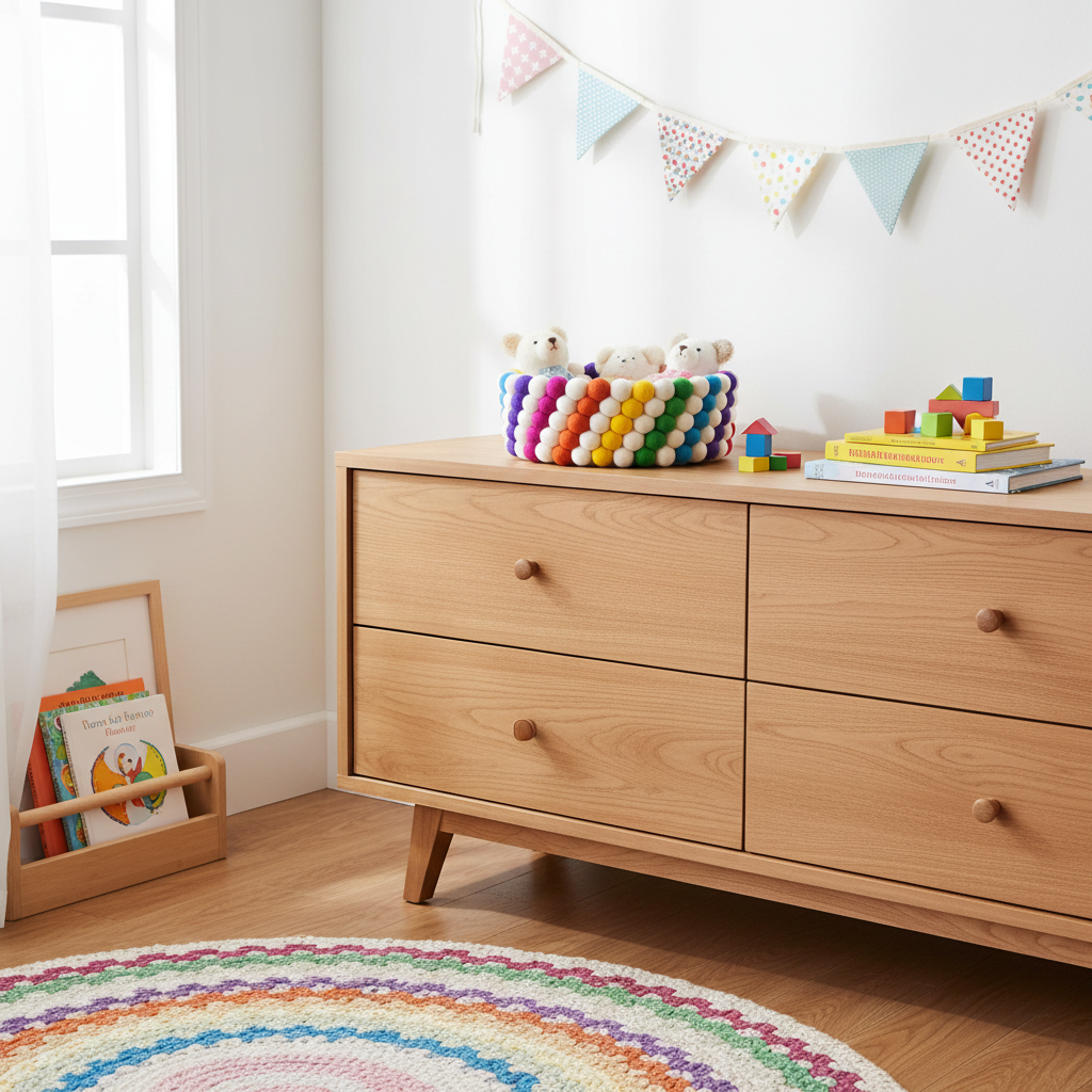 Panier en boules de feutre Arc-en-ciel Vif dans une chambre d'enfant colorée – CELAINEDECO