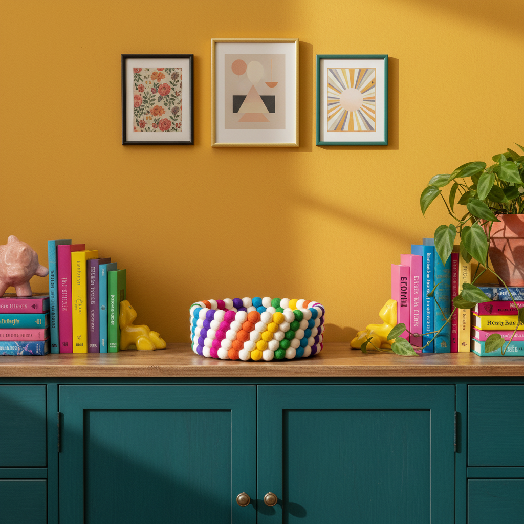Panier en feutre Arc-en-ciel Vif dans un intérieur coloré et vivant