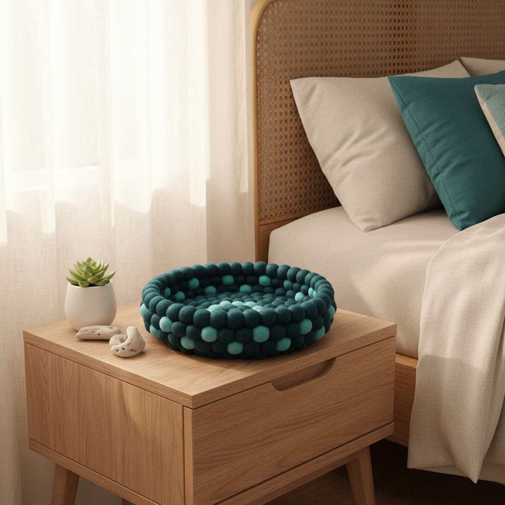 Panier pompons Horizon Marin dans une chambre côtière scandinave – CELAINEDECO
