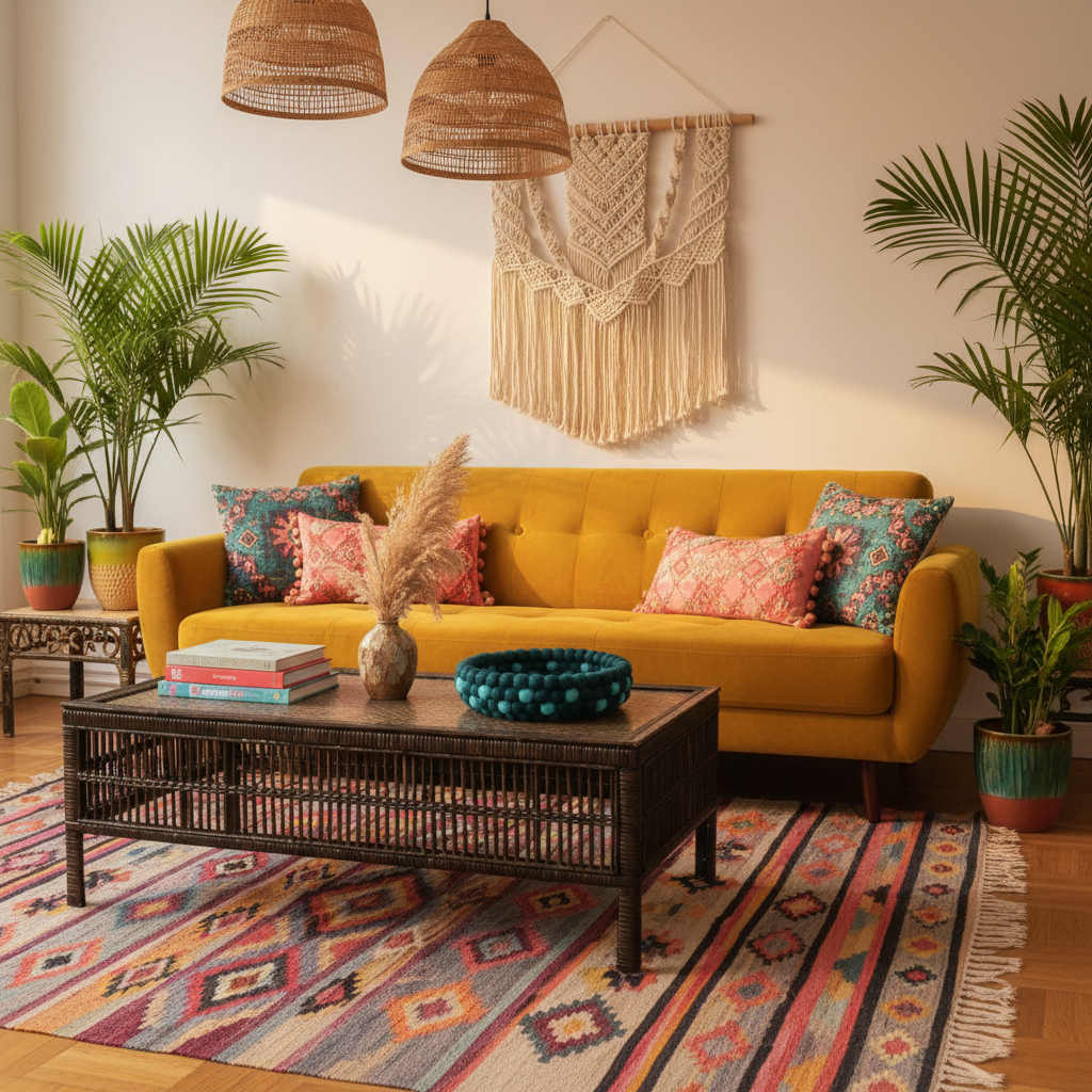 Corbeille feutre Horizon Marin intégrée dans un salon bohème coloré – CELAINEDECO