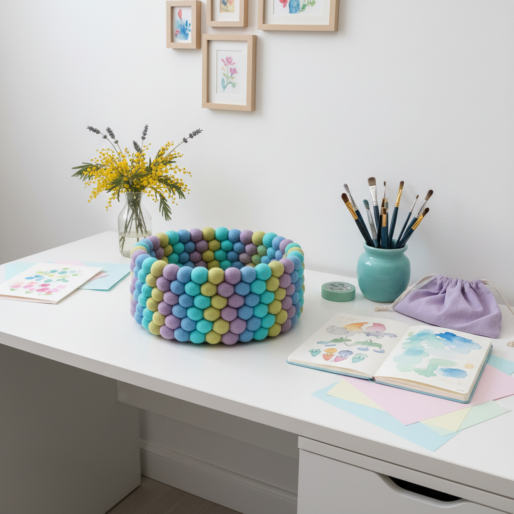 Panier en feutre Lagon Pastel bleu lagon mauve vert pistache sur un bureau créatif – CELAINEDECO