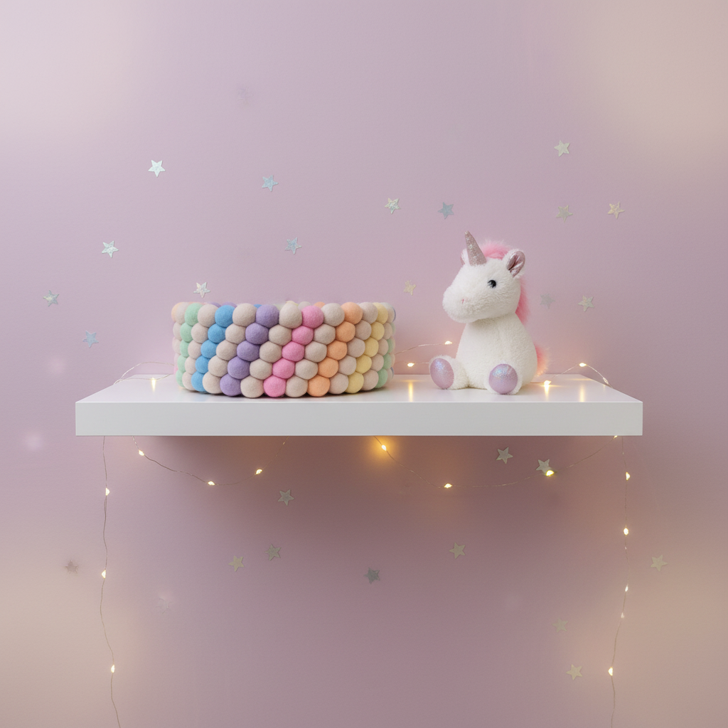 Panier arc-en-ciel en pompons feutrés sur étagère murale féerique avec licorne – CELAINEDECO