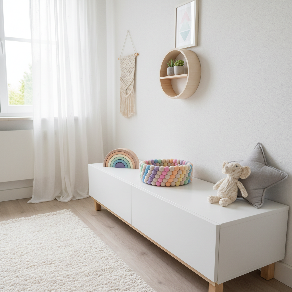 Corbeille licorne arc-en-ciel en feutre mérinos dans une chambre bébé – CELAINEDECO