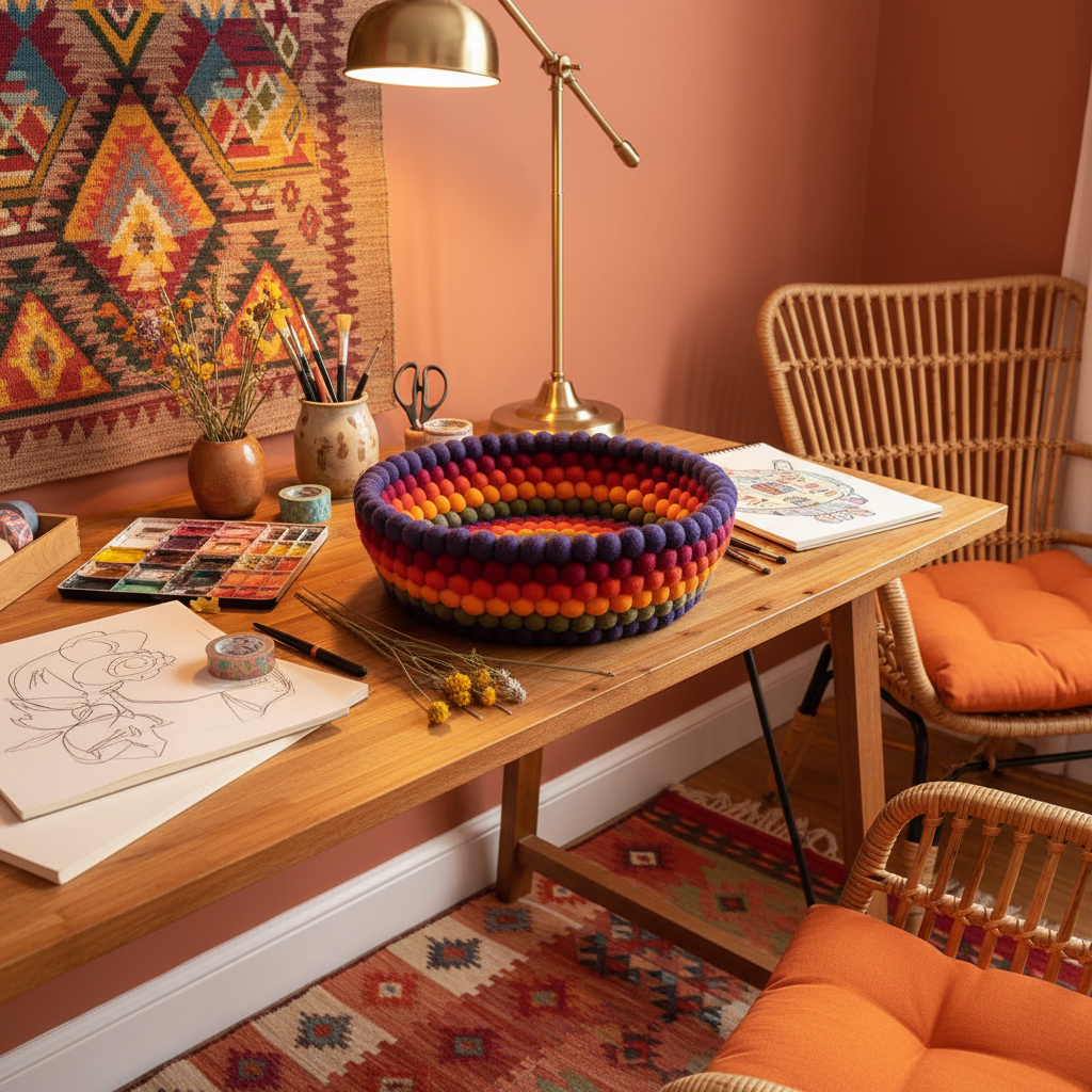Panier en feutre pompons colorés sur un bureau de salon bohème – cadeau artisanal original – CELAINEDECO