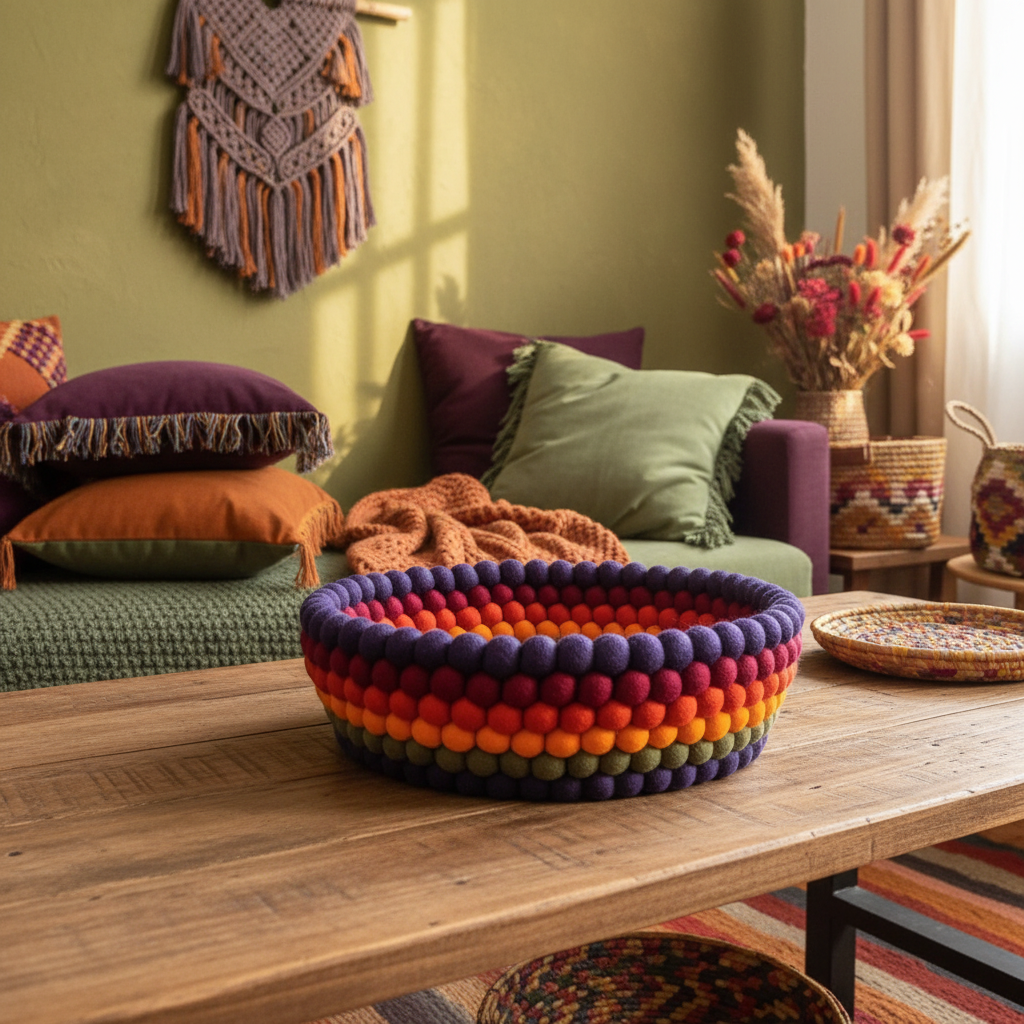 Panier feutre Myrtille & Marigold – ambiance intérieur retro vintage – pompons laine mérinos 100% – CELAINEDECO