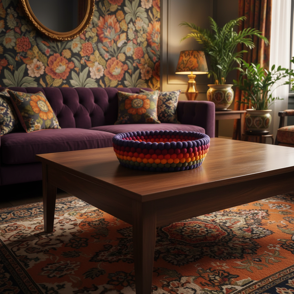 Panier pompon seventies dans un salon maximalist – palette audacieuse myrtille et marigold – artisanat français – CELAINEDECO