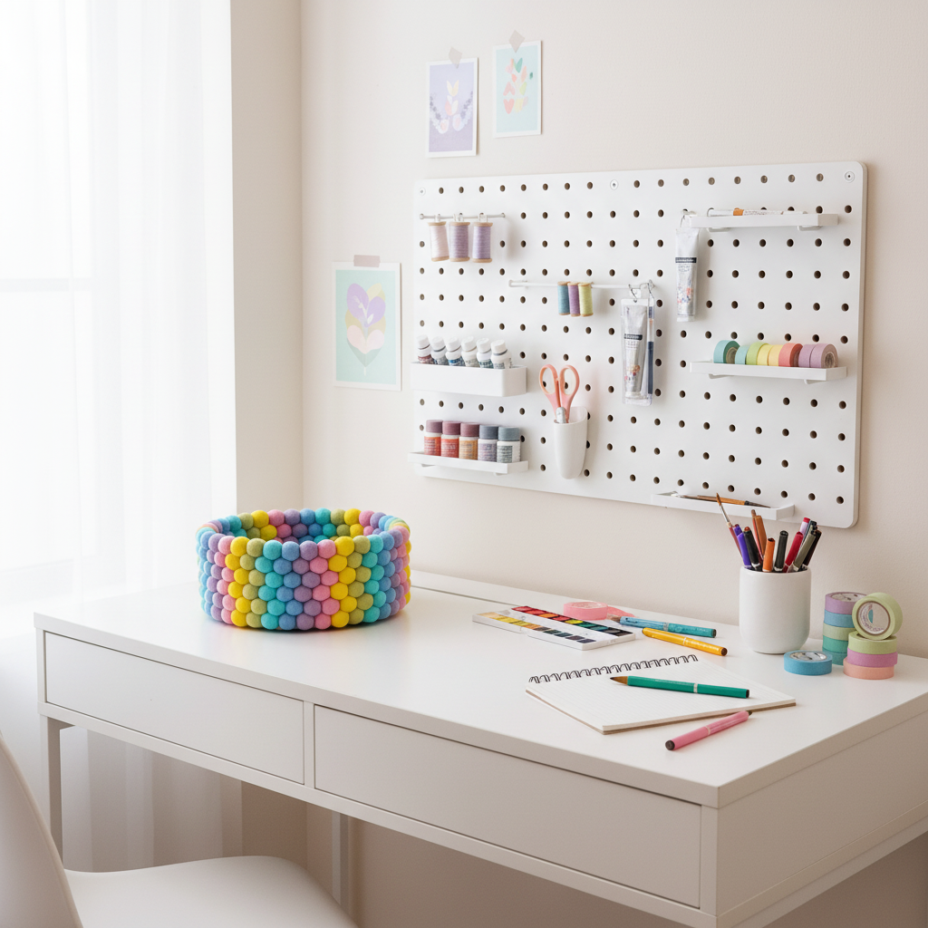 Panier en feutre pastel arc-en-ciel posé dans un bureau créatif enfant – rangement décoratif fait main – CELAINEDECO