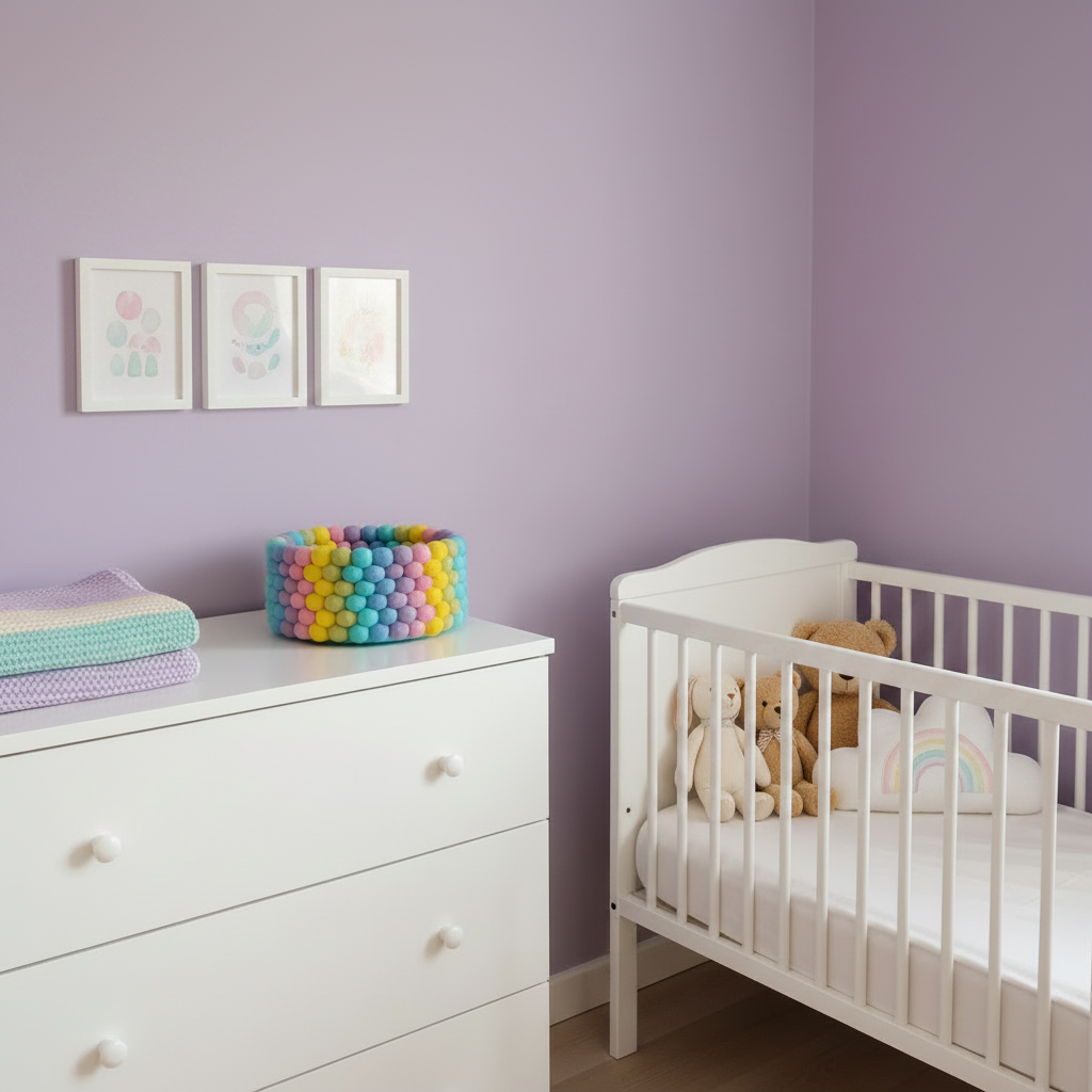 Panier en feutre pastel arc-en-ciel dans une chambre bébé – décoration nursery artisanale – CELAINEDECO
