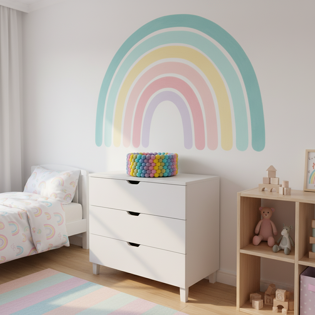 Panier en feutre pastel arc-en-ciel dans une chambre enfant – rangement décoratif coloré fait main – CELAINEDECO