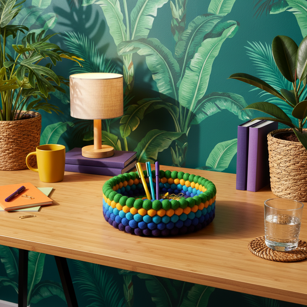 Corbeille pompons laine plume de paon dans un bureau créatif tropical – CELAINEDECO