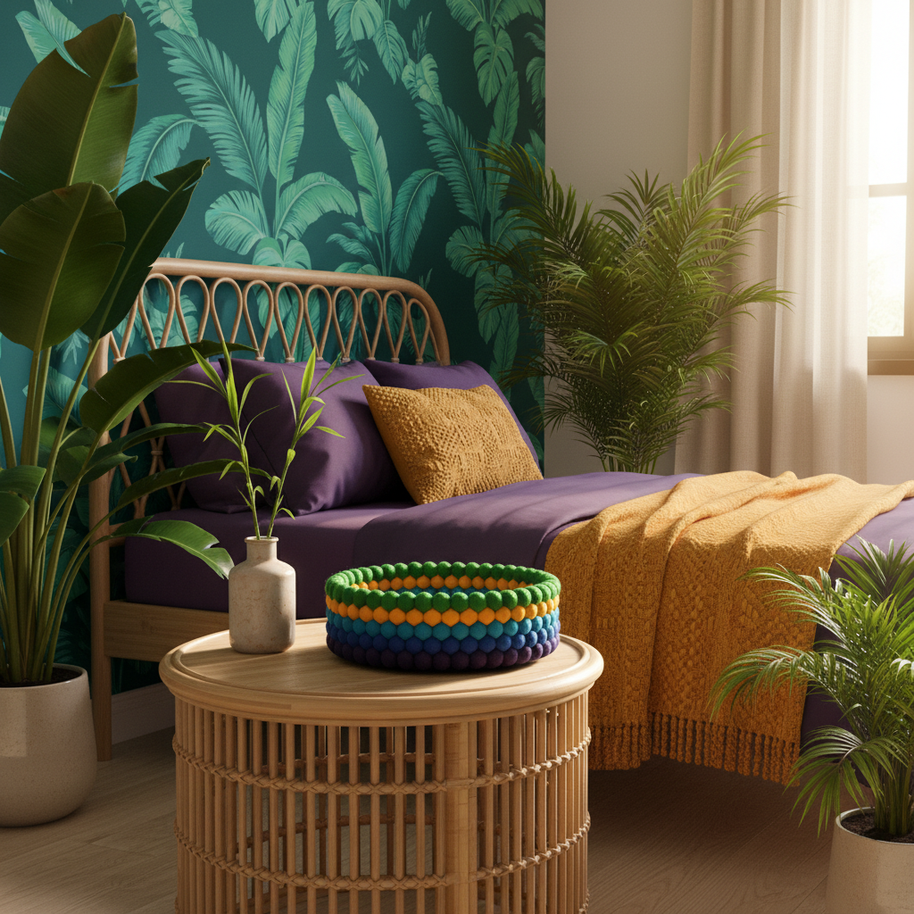 Corbeille pompons multicolore plume de paon dans une chambre bohème tropicale – CELAINEDECO