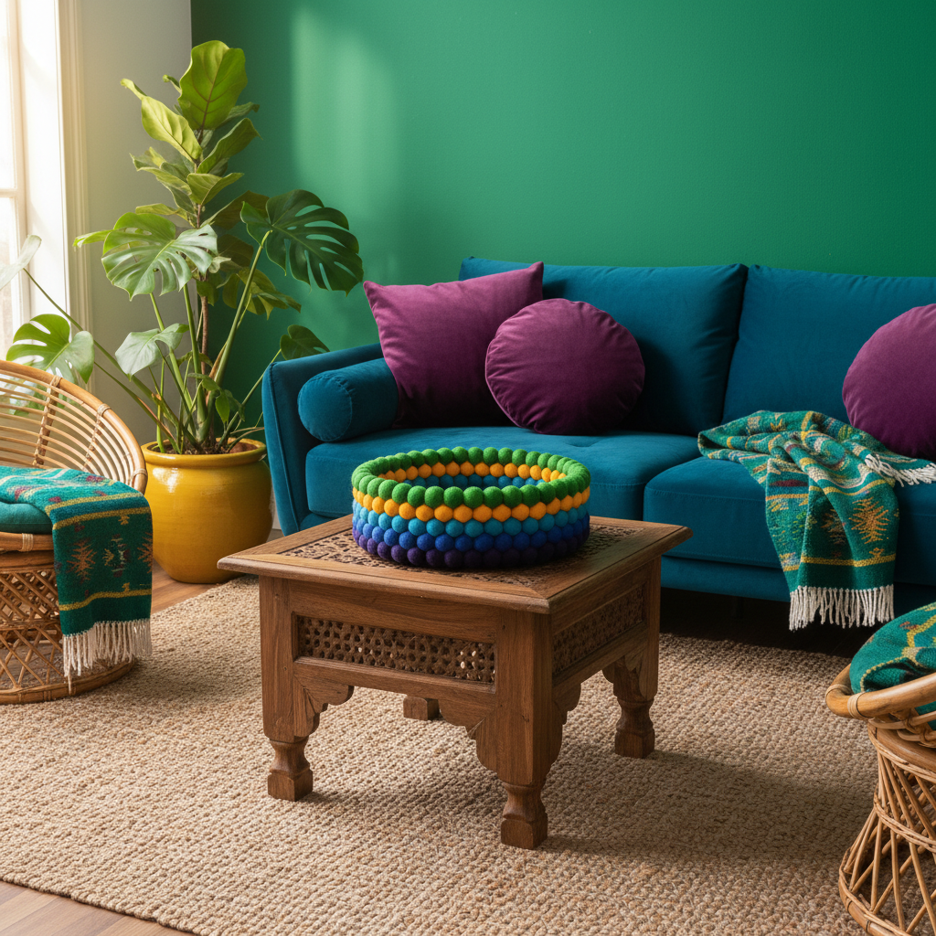 Panier feutre plume de paon posé dans un salon coloré – CELAINEDECO