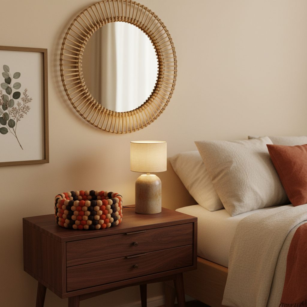 Panier en feutre rétro vintage dans une chambre bohème seventies avec miroir en rotin – CELAINEDECO