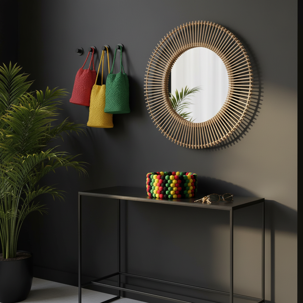 Panier en feutre Roots & Wool sur console noire dans une entrée graphique et colorée