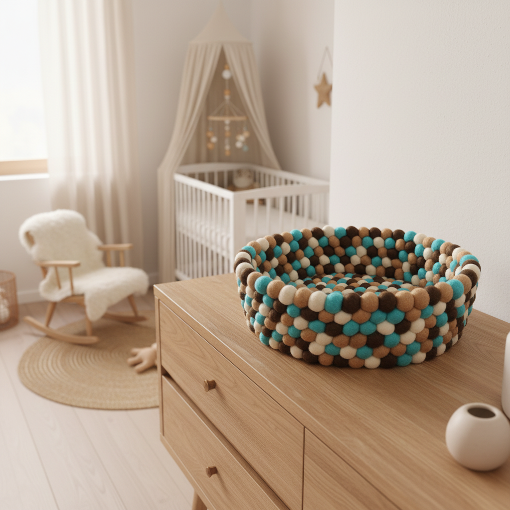 Panier en feutre Sable & Lagon dans une décoration de chambre bébé douce et naturelle – CELAINEDECO