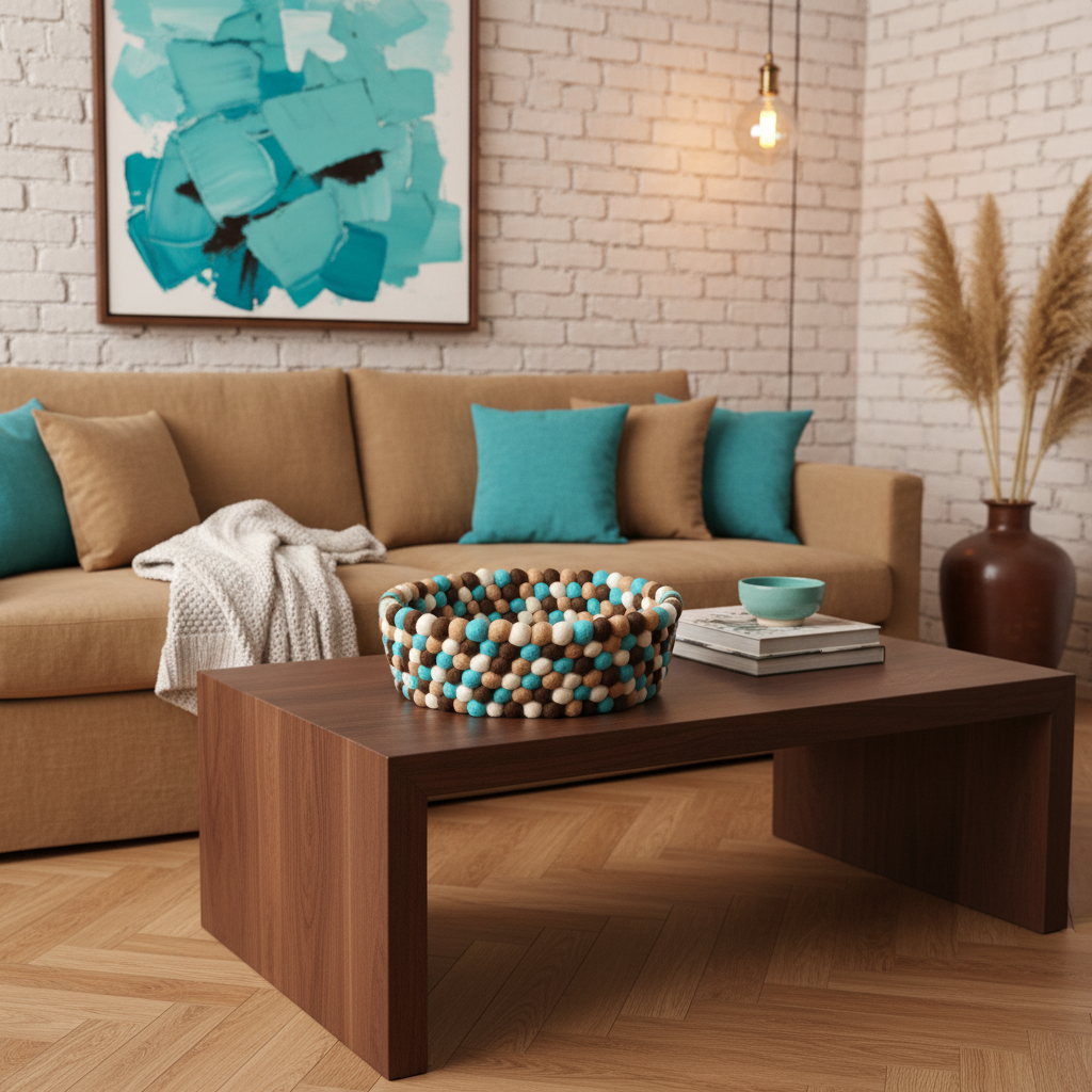 Panier en feutre Sable & Lagon dans un salon ambiance déco naturelle et lumineuse – laine mérinos beige sable et bleu lagon – CELAINEDECO