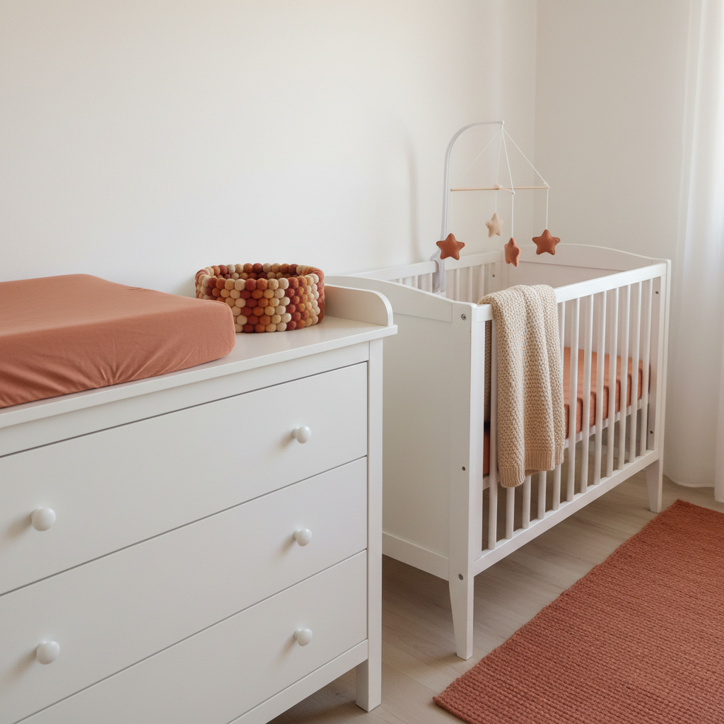 Corbeille terracotta en feutre mérinos dans une chambre bébé aux tons terracotta – CELAINEDECO