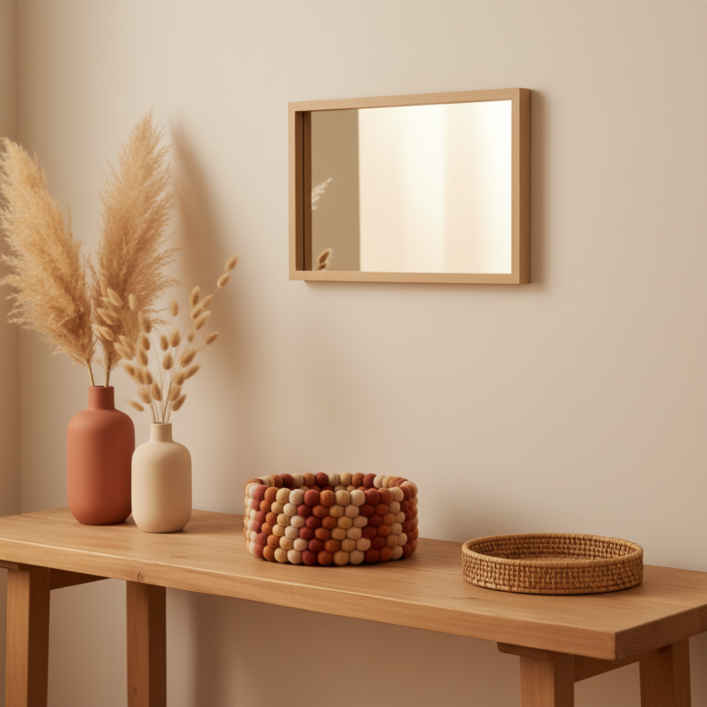 Corbeille terracotta en feutre mérinos dans une entrée bohème avec miroir – CELAINEDECO