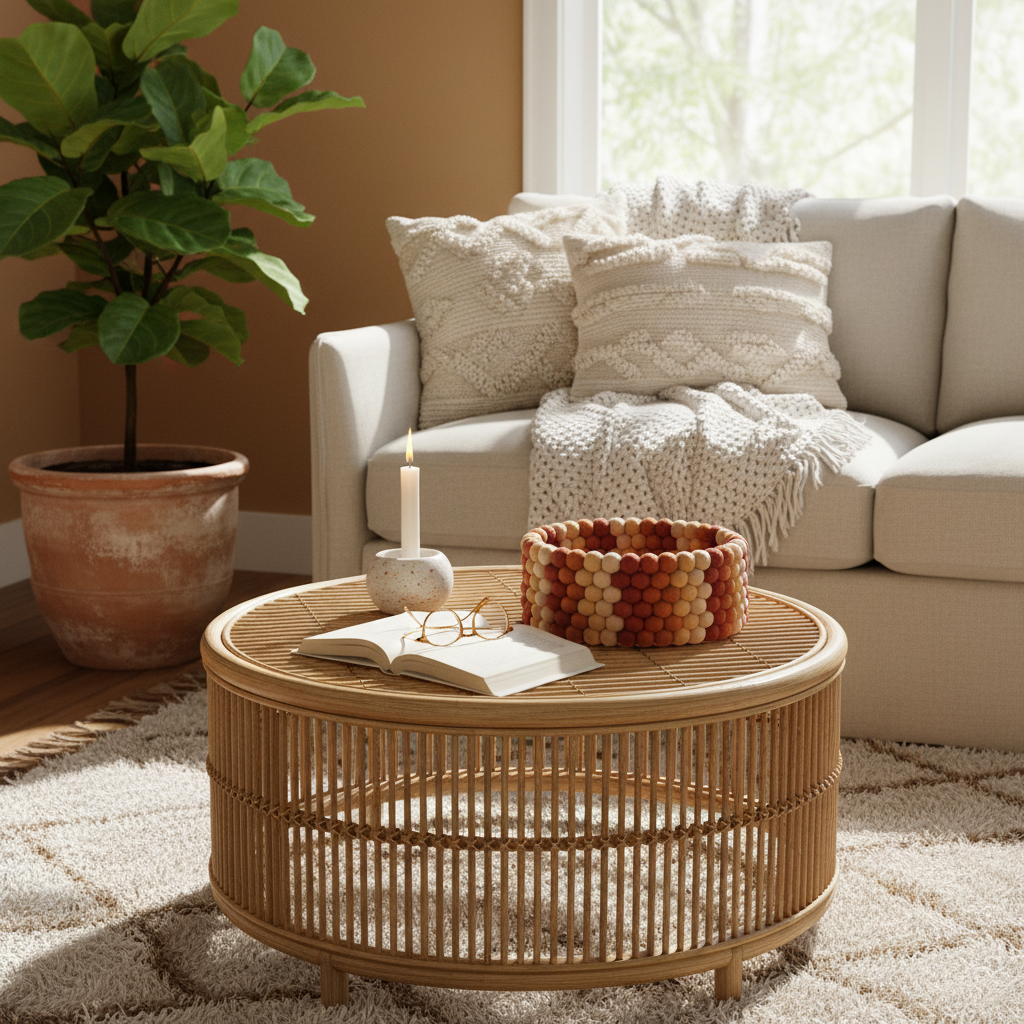 Corbeille terracotta en feutre mérinos dans un salon bohème – CELAINEDECO