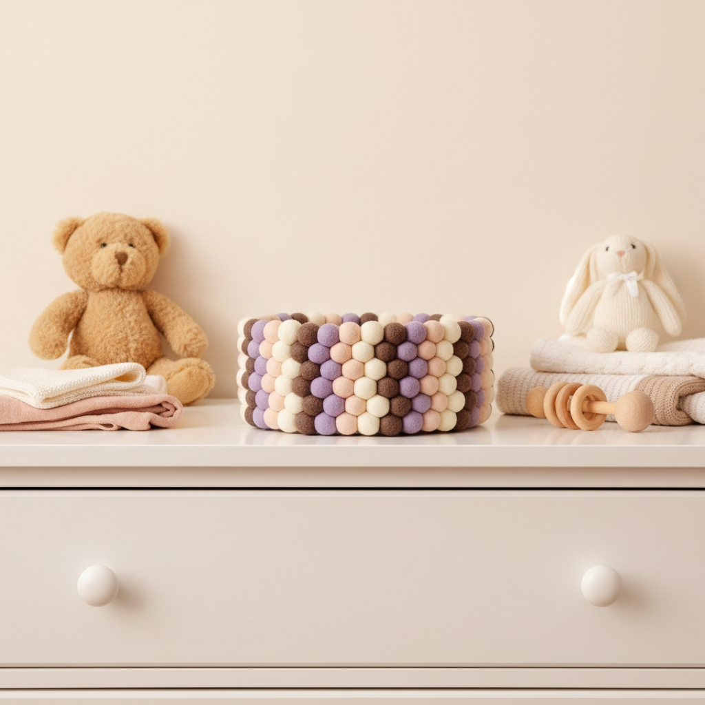 Panier en feutre Terre & Pétales posé sur une commode blanche dans une chambre bébé