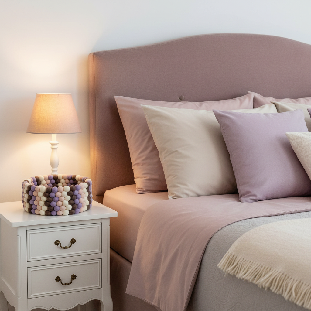 Panier pompons laine Terre & Pétales sur une table de chevet dans une chambre style romantique mauve et blush