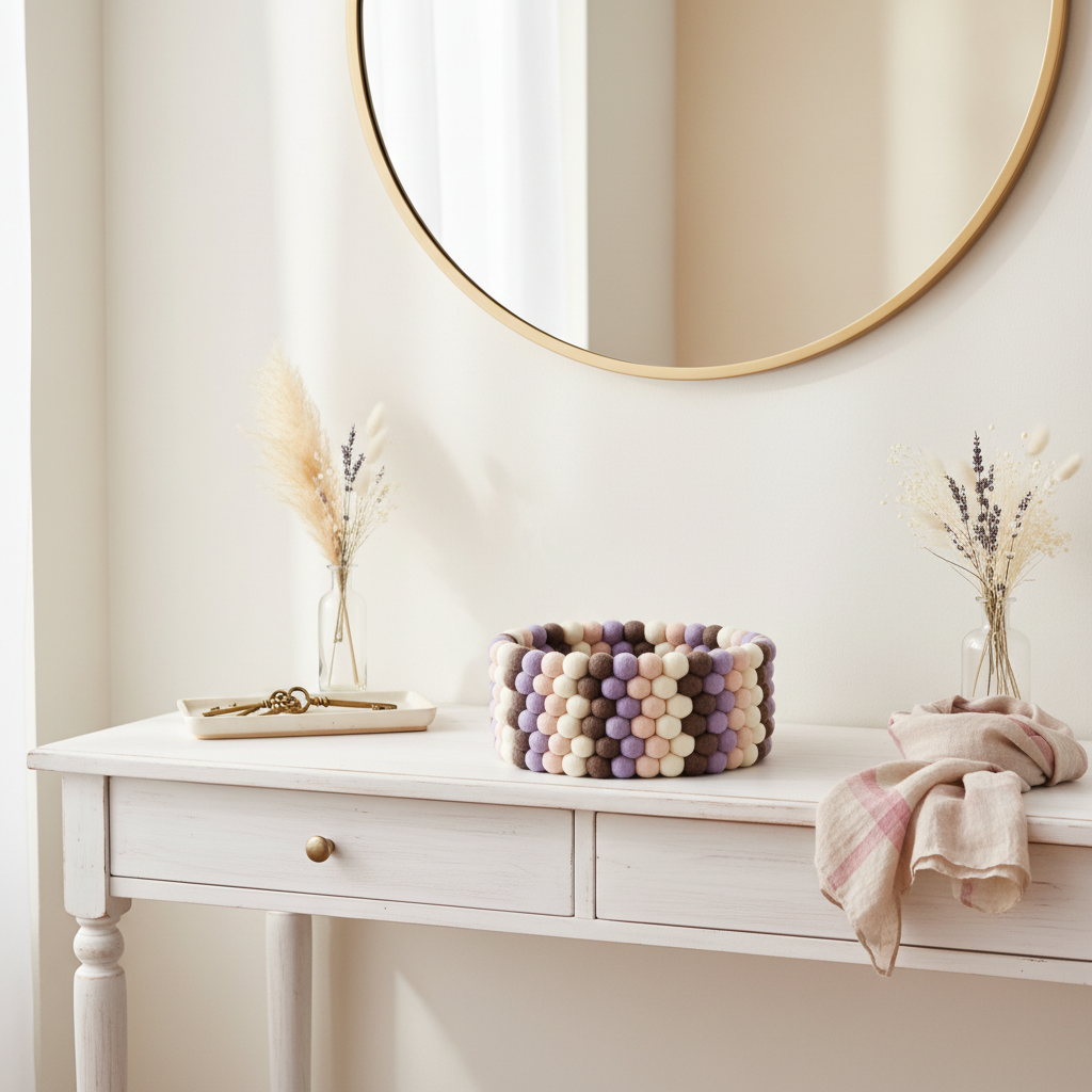 Panier décoratif en feutre Terre & Pétales sur une console d'entrée, vide-poche artisanal