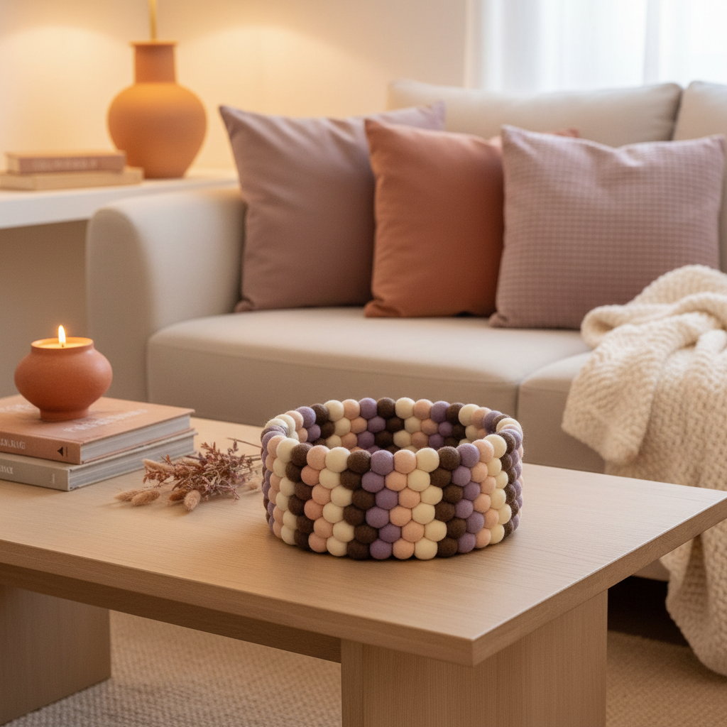 Panier en pompons feutre Terre & Pétales dans un salon cosy, touches mauve et terracotta